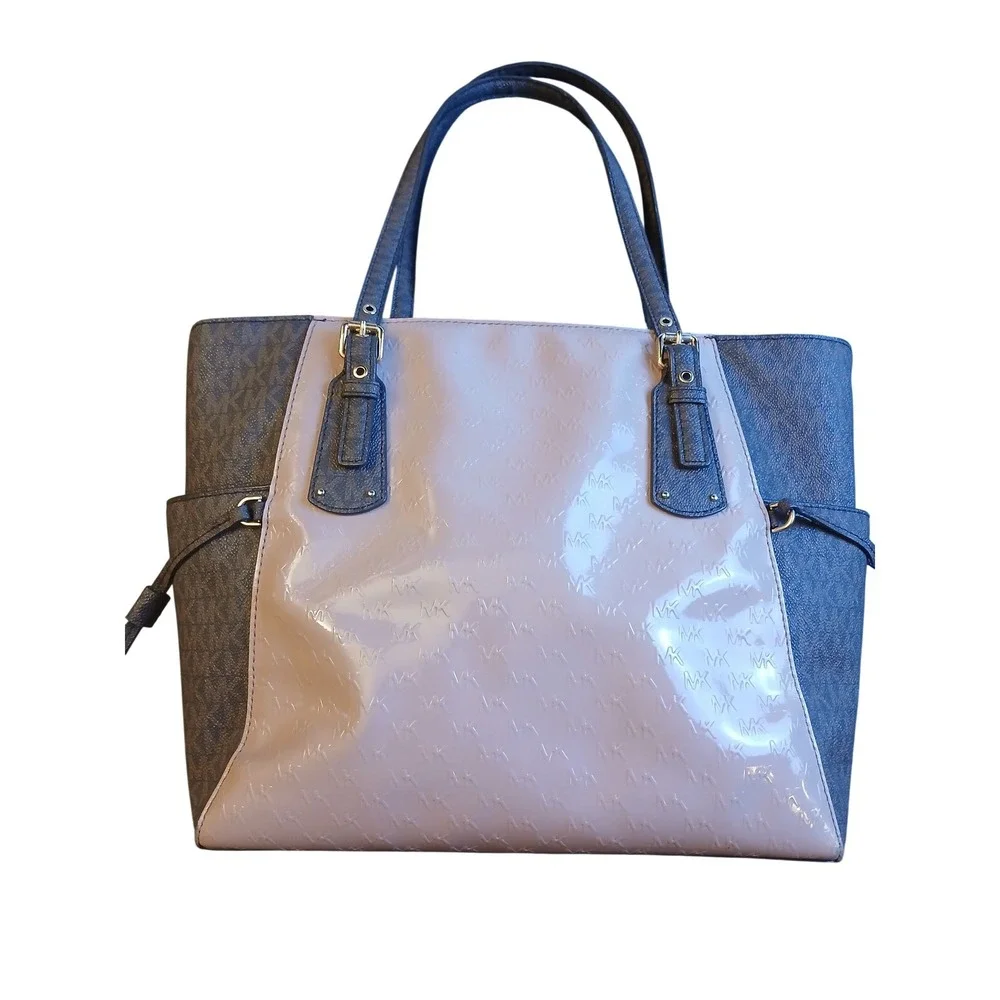 Michael Kors Voyager Tote Brown Pink Monogram Patent Mixed Media Shoulder Bag